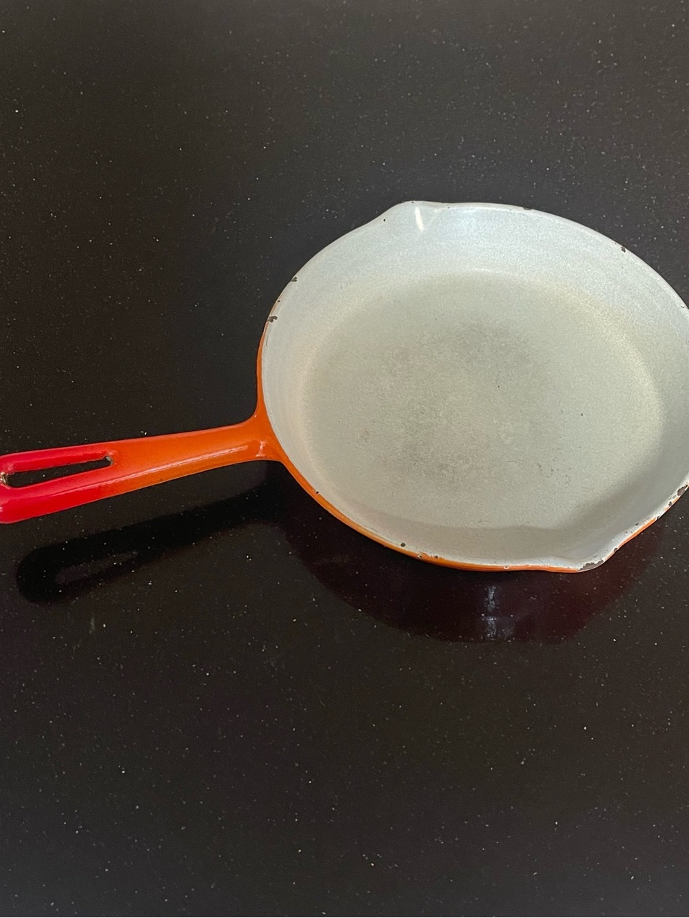 1970s MCM Orange Enamel Cast Iron Skillet with Pour Spouts unbranded